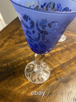 Vintage Cobalt Blue Glass Stemware Wine/Water Goblets. Set of 6