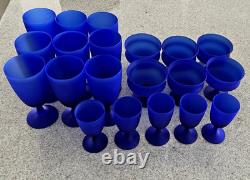 Vintage Cobalt Blue Handblown Frosted Glass Goblets/Wine Glasses/Compotes