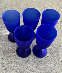 Vintage Cobalt Blue Handblown Frosted Glass Goblets/Wine Glasses/Compotes