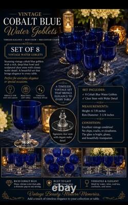 Vintage Cobalt Blue Water Goblets Clear Wafer Stem Wine Glasses Set of 8 MidCent