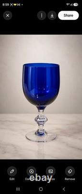 Vintage Cobalt Blue Water Goblets Clear Wafer Stem Wine Glasses Set of 8 MidCent