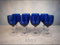 Vintage Cobalt Blue Water Goblets Clear Wafer Stem Wine Glasses Set of 8 MidCent
