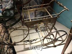 Vintage Continental Rococo Solid Brass Bar Cart with Glass Trays And Wine Holder