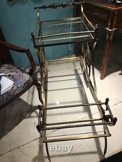 Vintage Continental Rococo Solid Brass Bar Cart with Glass Trays And Wine Holder