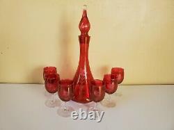 Vintage Cranberry Stain Etched Floral Wine Set Decanter and Goblets Glasses