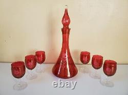 Vintage Cranberry Stain Etched Floral Wine Set Decanter and Goblets Glasses