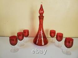 Vintage Cranberry Stain Etched Floral Wine Set Decanter and Goblets Glasses