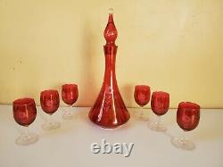 Vintage Cranberry Stain Etched Floral Wine Set Decanter and Goblets Glasses