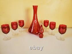 Vintage Cranberry Stain Etched Floral Wine Set Decanter and Goblets Glasses