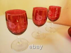 Vintage Cranberry Stain Etched Floral Wine Set Decanter and Goblets Glasses