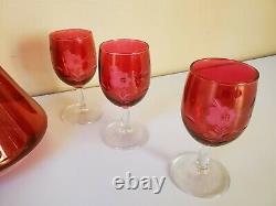 Vintage Cranberry Stain Etched Floral Wine Set Decanter and Goblets Glasses