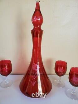 Vintage Cranberry Stain Etched Floral Wine Set Decanter and Goblets Glasses