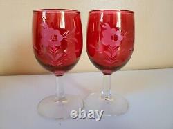 Vintage Cranberry Stain Etched Floral Wine Set Decanter and Goblets Glasses