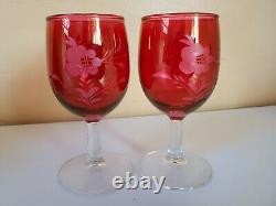 Vintage Cranberry Stain Etched Floral Wine Set Decanter and Goblets Glasses