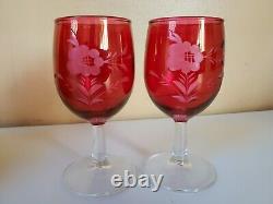 Vintage Cranberry Stain Etched Floral Wine Set Decanter and Goblets Glasses