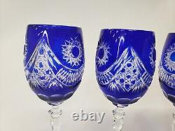 Vintage Crystal Cobalt Cut To Clear Wine Glasses Set Of 4 SEE PHOTOS