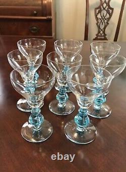 Vintage Crystal Cordial Wine Glasses Blue Stems Set of Eight