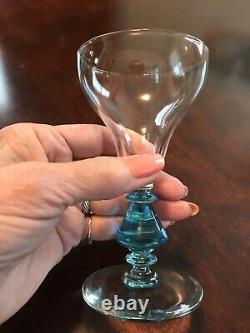 Vintage Crystal Cordial Wine Glasses Blue Stems Set of Eight
