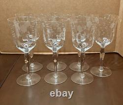 Vintage Crystal Wine Glasses 7 3/4 WithEtched Floral & Leaf Design, Set Of 7