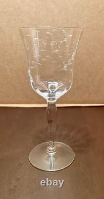 Vintage Crystal Wine Glasses 7 3/4 WithEtched Floral & Leaf Design, Set Of 7