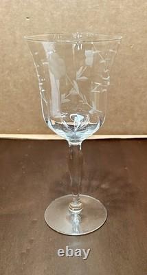Vintage Crystal Wine Glasses 7 3/4 WithEtched Floral & Leaf Design, Set Of 7