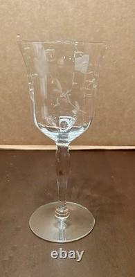 Vintage Crystal Wine Glasses 7 3/4 WithEtched Floral & Leaf Design, Set Of 7