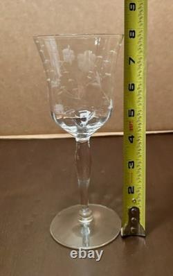 Vintage Crystal Wine Glasses 7 3/4 WithEtched Floral & Leaf Design, Set Of 7