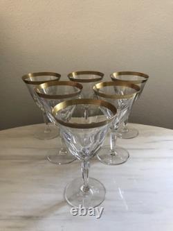 Vintage Crystal Wine Glasses Cut Facete Panels Gold Rim Gilding MCM Set of 6