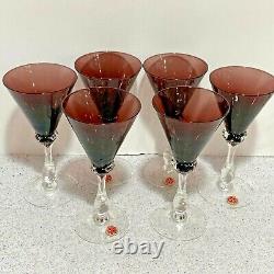 Vintage Crystal Wine Glasses Set 0f 6 Clear & Purple Hand Blown Made in Italy