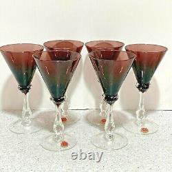 Vintage Crystal Wine Glasses Set 0f 6 Clear & Purple Hand Blown Made in Italy