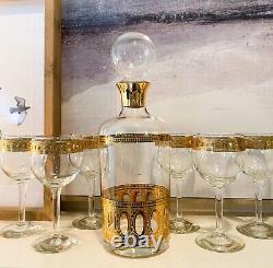 Vintage Culver Antigua Decanter And Six Wine Glasses MCM 22k Gold Barware EUC