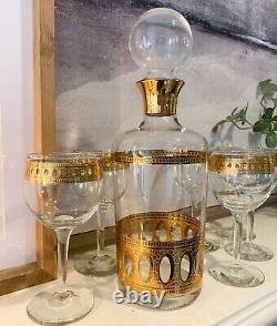 Vintage Culver Antigua Decanter And Six Wine Glasses MCM 22k Gold Barware EUC