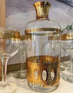 Vintage Culver Antigua Decanter And Six Wine Glasses MCM 22k Gold Barware EUC