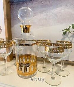 Vintage Culver Antigua Decanter And Six Wine Glasses MCM 22k Gold Barware EUC
