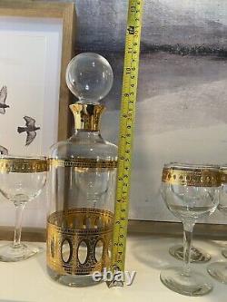 Vintage Culver Antigua Decanter And Six Wine Glasses MCM 22k Gold Barware EUC