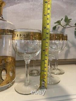 Vintage Culver Antigua Decanter And Six Wine Glasses MCM 22k Gold Barware EUC