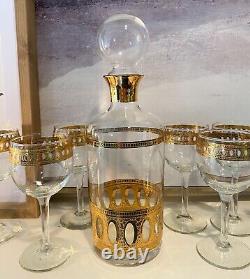 Vintage Culver Antigua Decanter And Six Wine Glasses MCM 22k Gold Barware EUC