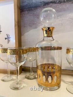 Vintage Culver Antigua Decanter And Six Wine Glasses MCM 22k Gold Barware EUC
