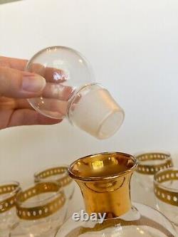 Vintage Culver Antigua Decanter And Six Wine Glasses MCM 22k Gold Barware EUC