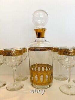 Vintage Culver Antigua Decanter And Six Wine Glasses MCM 22k Gold Barware EUC