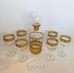 Vintage Culver Antigua Decanter And Six Wine Glasses MCM 22k Gold Barware EUC