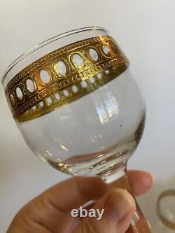 Vintage Culver Antigua Decanter And Six Wine Glasses MCM 22k Gold Barware EUC