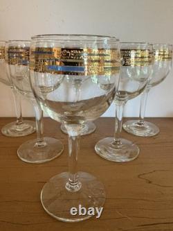 Vintage Culver Empress 22k Gold Band Wine Glasses Set Of 6 Blue Green