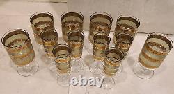 Vintage Culver Starlyte Gold And Green Banded Cordial & Wine Glasses Set of 12