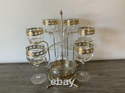Vintage Culver Valencia Wine Set Eight Pieces Gold And Green Diamond Pattern