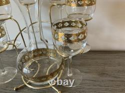 Vintage Culver Valencia Wine Set Eight Pieces Gold And Green Diamond Pattern