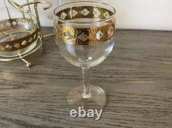 Vintage Culver Valencia Wine Set Eight Pieces Gold And Green Diamond Pattern