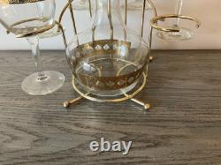 Vintage Culver Valencia Wine Set Eight Pieces Gold And Green Diamond Pattern