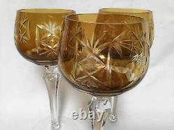 Vintage Cut Clear Bohemian Czech Crystal Cordial Wine Glasses Amber Set Of 3