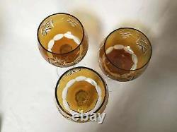 Vintage Cut Clear Bohemian Czech Crystal Cordial Wine Glasses Amber Set Of 3